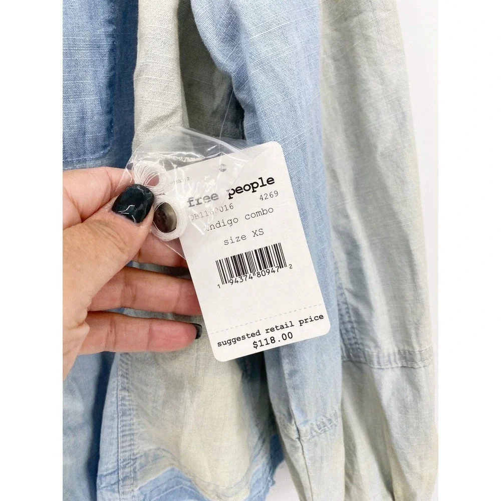 We The Free People Set Sail Denim Top XS Button Shirt Bleached Distressed NWT - Picture 7 of 9